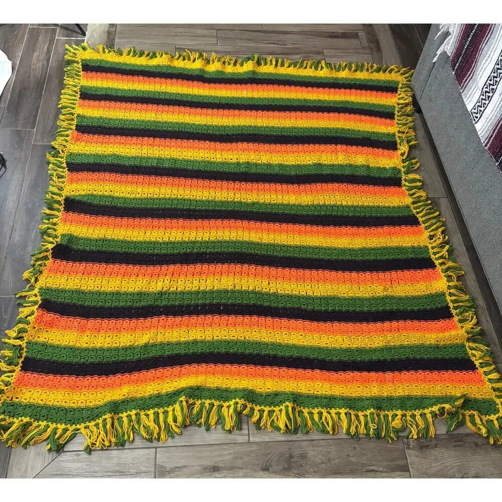 VTG Retro Crocheted Afghan Blanket 80